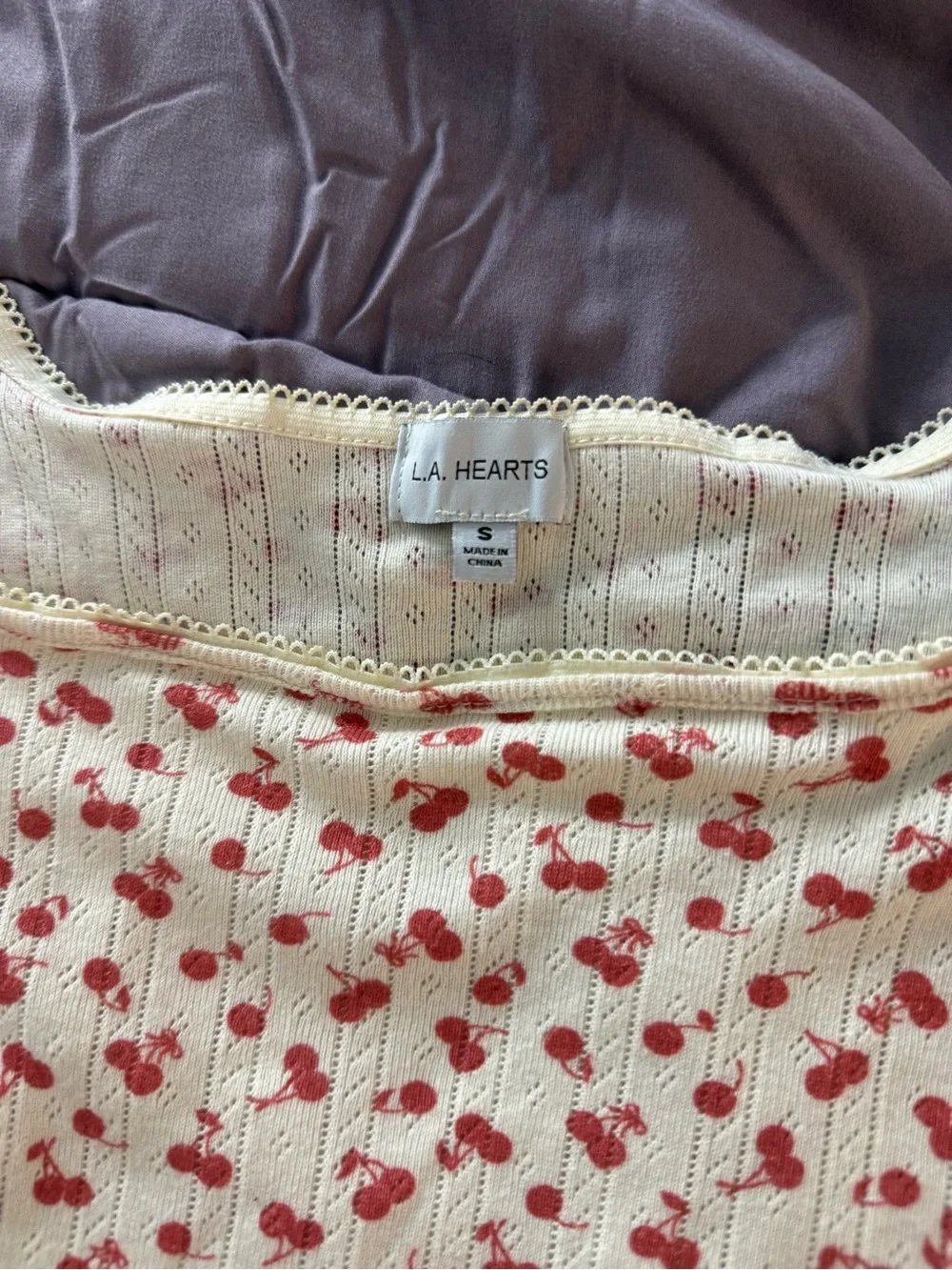 La Hearts Cream Ribbed Scoop Crop Top with Red Cherry Print